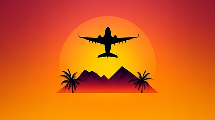 Silhouette of an airplane flying over a sunset landscape with palm trees and mountains.  Warm colors and peaceful mood.