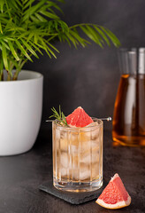 Photography of drink with grapefruit; cool soda, mocktail with citrus; , antioxidant, lemonade, tonic with ice
