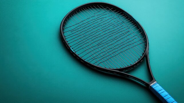 A black and blue tennis racket rests against a vibrant teal backdrop. Ideal for sporting goods websites or social media promoting tennis equipment.