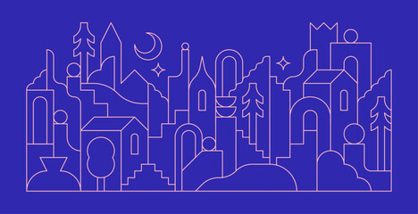 Urban illustrations on blue background. Minimalist city. Contemporary art with clear lines. Vector landscape.