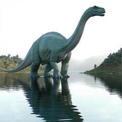 Obraz premium A large dinosaur stands in a calm lake, reflecting its image in the water.
