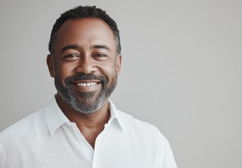 Obraz premium An elderly black African man in his 60s or 70s exudes health and confidence, his joyful spirit captured in a bright smile that reflects his vibrant energy.