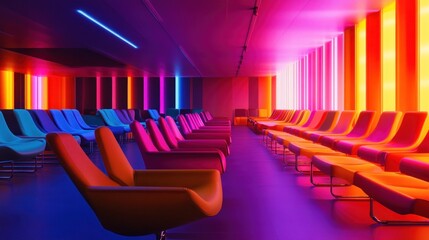 Fototapeta premium Colorful lounge chairs in a vibrant, neon-lit waiting area.