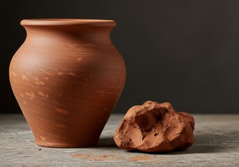 Terracotta pottery, Earthenware vase, Rounded clay pot, Rustic ceramic vessel, Handcrafted earthen jug, Ancient-inspired design, Carved linear patterns, Reddish-brown clay, Smooth matte finish, Tradit