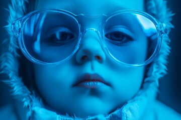 Toddler's face, oversized glasses, blue light.