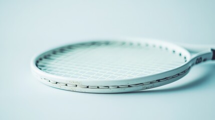 Close-up of a worn white tennis racket head highlighting its used strings. Ideal for sports blogs or equipment reviews showcasing wear and tear.