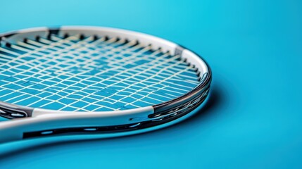 Close-up of a tennis racket with blue strings against a vibrant teal backdrop. Ideal for sports websites, blogs, or social media promoting tennis equipment or active lifestyles.