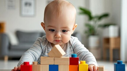 A joyful baby engages in creative play, stacking colorful blocks in a sunny living room filled with soft natural light