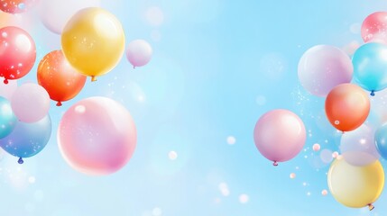 Colorful balloons floating on a pastel blue sky background.