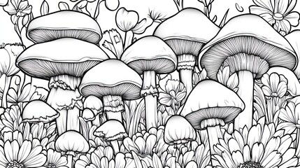 Mushrooms, flowers, coloring page, nature, intricate design