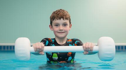 Caucasian young male child exercising with dumbbell in swimming pool