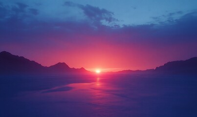 Vibrant sunset over misty mountains, calm lake reflection; nature background