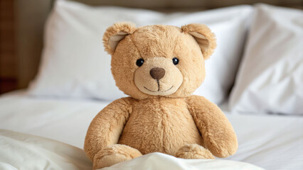 Embracing comfort a light brown teddy bear sitting on a bed close-up view cozy indoor environment