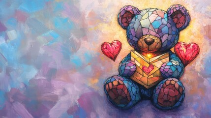 Fototapeta premium A colorful, mosaic-style teddy bear reading a book surrounded by hearts, symbolizing love and imagination in a whimsical setting.