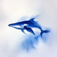 A stunning watercolor representation of a whale, showcasing fluid movement and deep blue hues, This image can be used in marine conservation campaigns, ocean-themed decor, and educational materials,