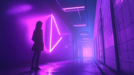 Futuristic corridor with glowing neon triangles cinematic atmosphere modern aesthetics misty ambiance