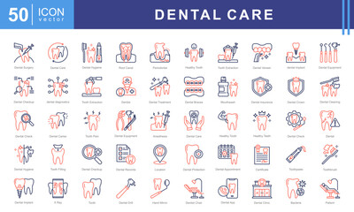 Dental Care icon set with health, teeth, maintenance, disorders, dentistry, surgery, oral, hygiene, treatment and caries.