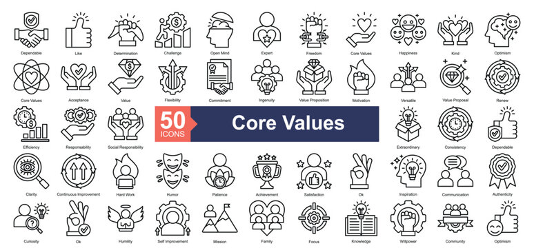 Core Values Icon Collection Set.Containing dependable, like, determination, challenge, open mind, expert, freedom, core values, happiness icon. Simple line style Vector Illustration.