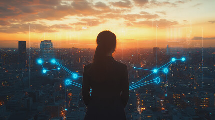 Fototapeta premium Abstract business woman stands on the peak of success amid tall, innovative Smart city and graphs with statistics to analyze business potential and predict future developments in company growth.