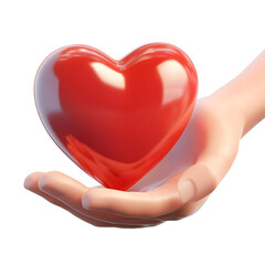 3D hand holding a red heart symbol, representing love, care, and kindness. Suitable for health, charity, and support-related concepts. Isolated on transparent background, png.