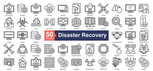 Disaster Recovery Icon Collection Set.Containing data security, database, virus, back up, computer, publication, file backup, service, threat icon. Simple line style Vector Illustration.	