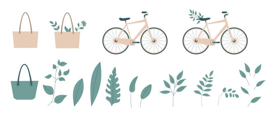 Flat art eco-themed set, including tote bags, bicycles with greenery.