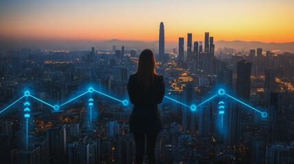 Abstract business woman stands on the peak of success amid tall, innovative Smart city and graphs with statistics to analyze business potential and predict future developments in company growth.