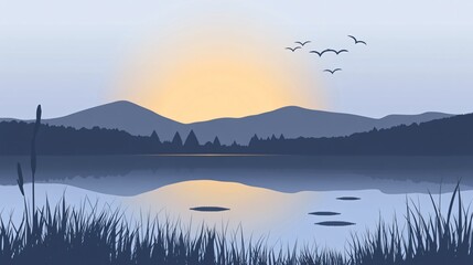 Fototapeta premium Serene Sunset Landscape, Calm Lake, Mountains, and Birds