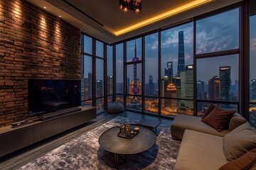 Shanghai penthouse living room twilight city view