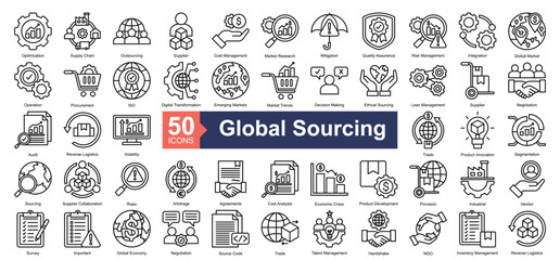 Global Sourcing Icon Collection Set.Containing optimization, supply chain, outsourcing, supplier, cost management, market research, mitigation icon. Simple line style Vector Illustration.