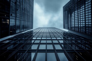 Glass skyscrapers ascend, reflecting cloudy sky.