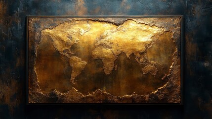 Golden embossed world map on dark rustic background.