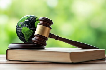 
Green planet Earth on a book and wooden gavel, environmental protection law concept.