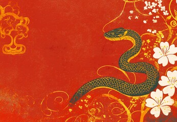 Obraz premium Elegant Chinese New Year Design Red Background with Gold Snake and Blossoms