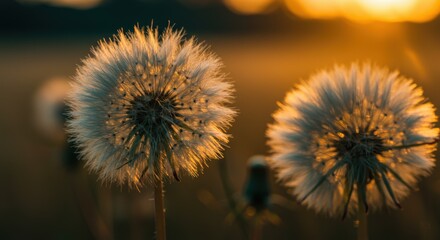 dandelion seedheads at sunset, golden hour light, bokeh background, shallow depth of field, macro photography, warm tones, nature close-up, ethereal atmosphere, silhouette, backlit, dreamy, soft focus