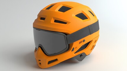Fototapeta premium Durable orange and black sports helmet with goggles. Ideal for extreme activities like mountain biking, skiing, and snowboarding.