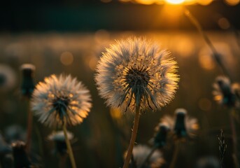 dandelion seedheads at sunset, golden hour light, bokeh background, shallow depth of field, macro photography, warm tones, nature close-up, ethereal atmosphere, silhouette, backlit, dreamy, soft focus