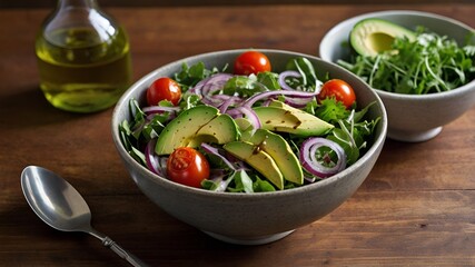 Fresh salad with mixed greens, avocado, cherry tomatoes, and a drizzle of olive oil.