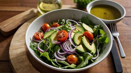 Fresh salad with mixed greens, avocado, cherry tomatoes, and a drizzle of olive oil.