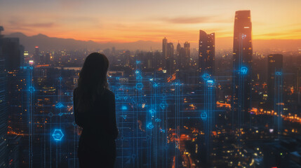 Abstract business woman stands on the peak of success amid tall, innovative Smart city and graphs with statistics to analyze business potential and predict future developments in company growth.