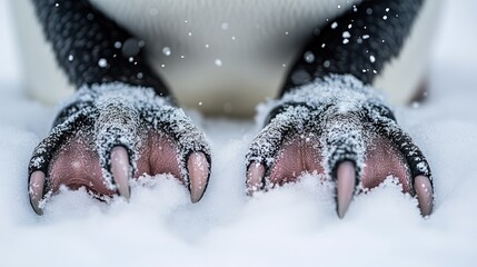 Close-up of a penguin's feet in snow, showcasing its claws and texture.