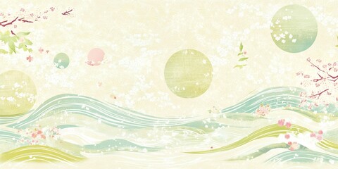 Serene Japanese Inspired Spring Landscape Pastel Waves Cherry Blossoms and Circular Designs