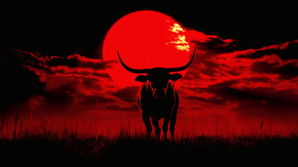 Fototapeta premium A striking silhouette of a bull against a dramatic red sunset, evoking strength and power