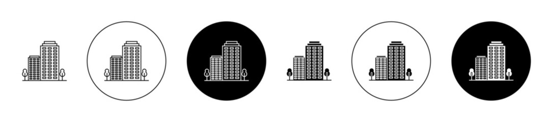 Tall buildings icons set in black filled and outlined style