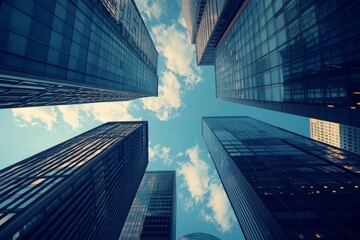 Glass skyscrapers ascend, piercing a blue sky.