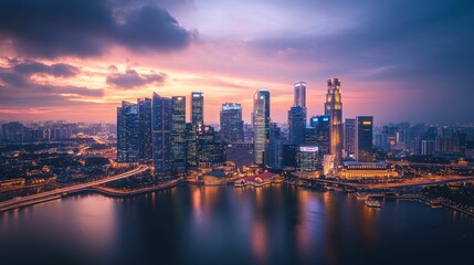 Fototapeta premium City skyline, illuminated buildings, sunset, water reflection.