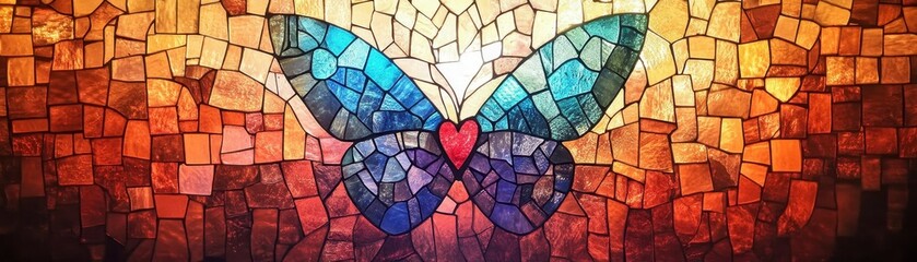 A vibrant mosaic butterfly design with blue wings and a red heart at its center, set against a warm, colorful background.