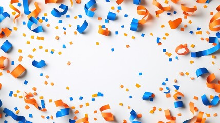 Blue and orange confetti and streamers scattered on a white background. Perfect for party, celebration, or festive designs.