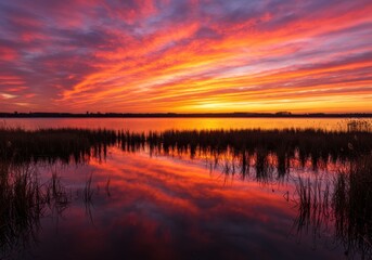 Obraz premium Vibrant sunset over wetlands, Dramatic orange and pink sky, Silhouetted reeds reflecting in still water, Fiery clouds, Peaceful marsh landscape, Rich color palette, Atmospheric dusk scene, Mirror-like