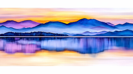 Fototapeta premium A serene landscape featuring vibrant mountains reflecting in calm waters at sunset, with hues of purple, blue, and orange blending beautifully.
